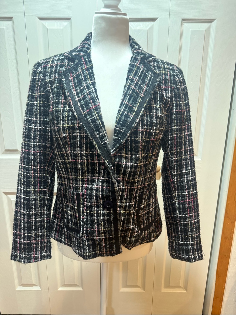 George Black Tweed Plaid Blazer with Pink & White Accents
